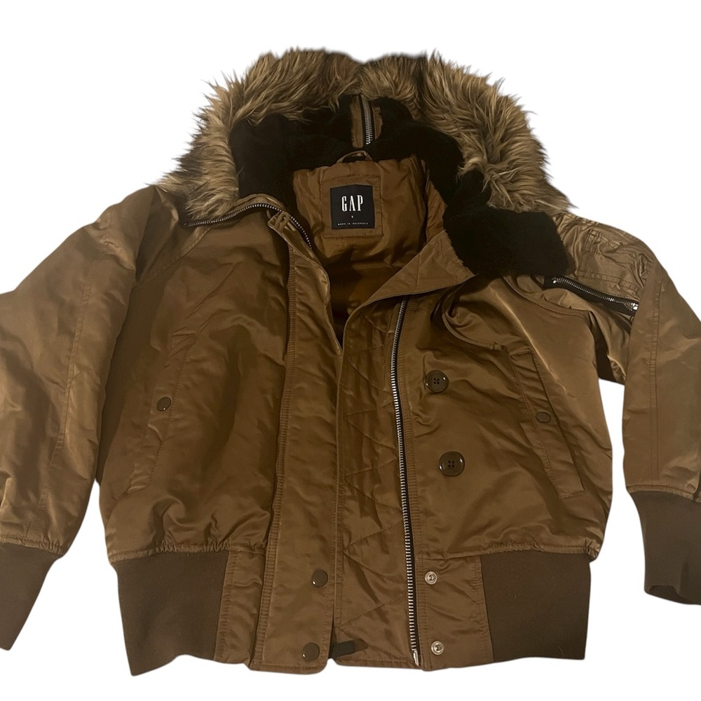 GAP Brown Faux Fur Trim Bomber Puffer Jacket Women's Size Small